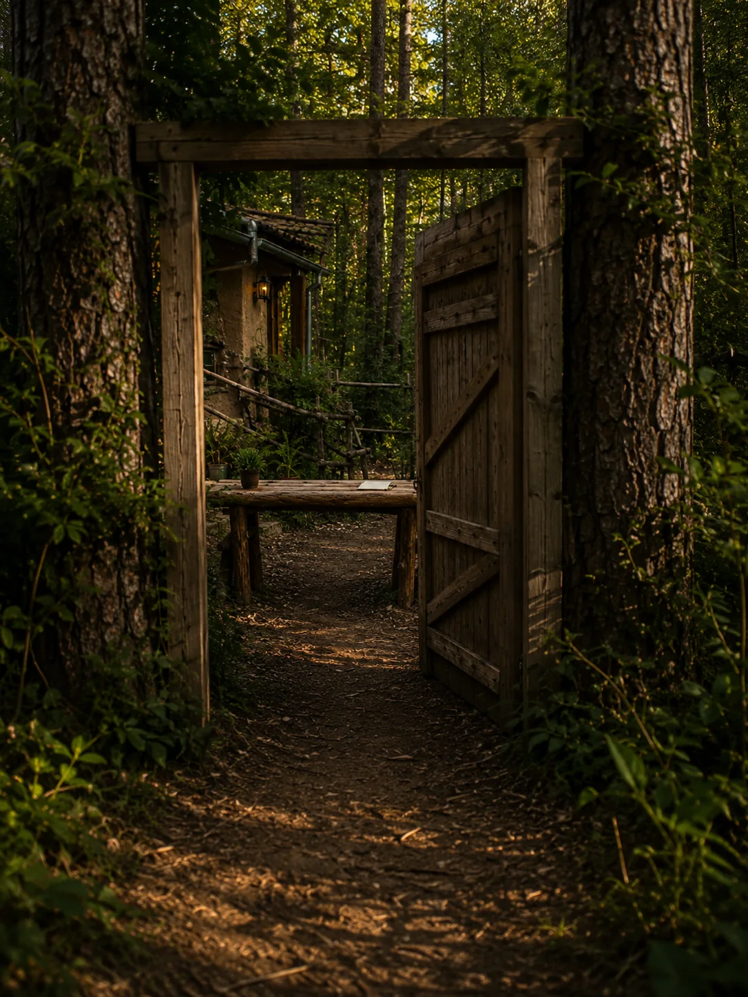 Una puerta de madera abriéndose hacia otro sendero del Bosque