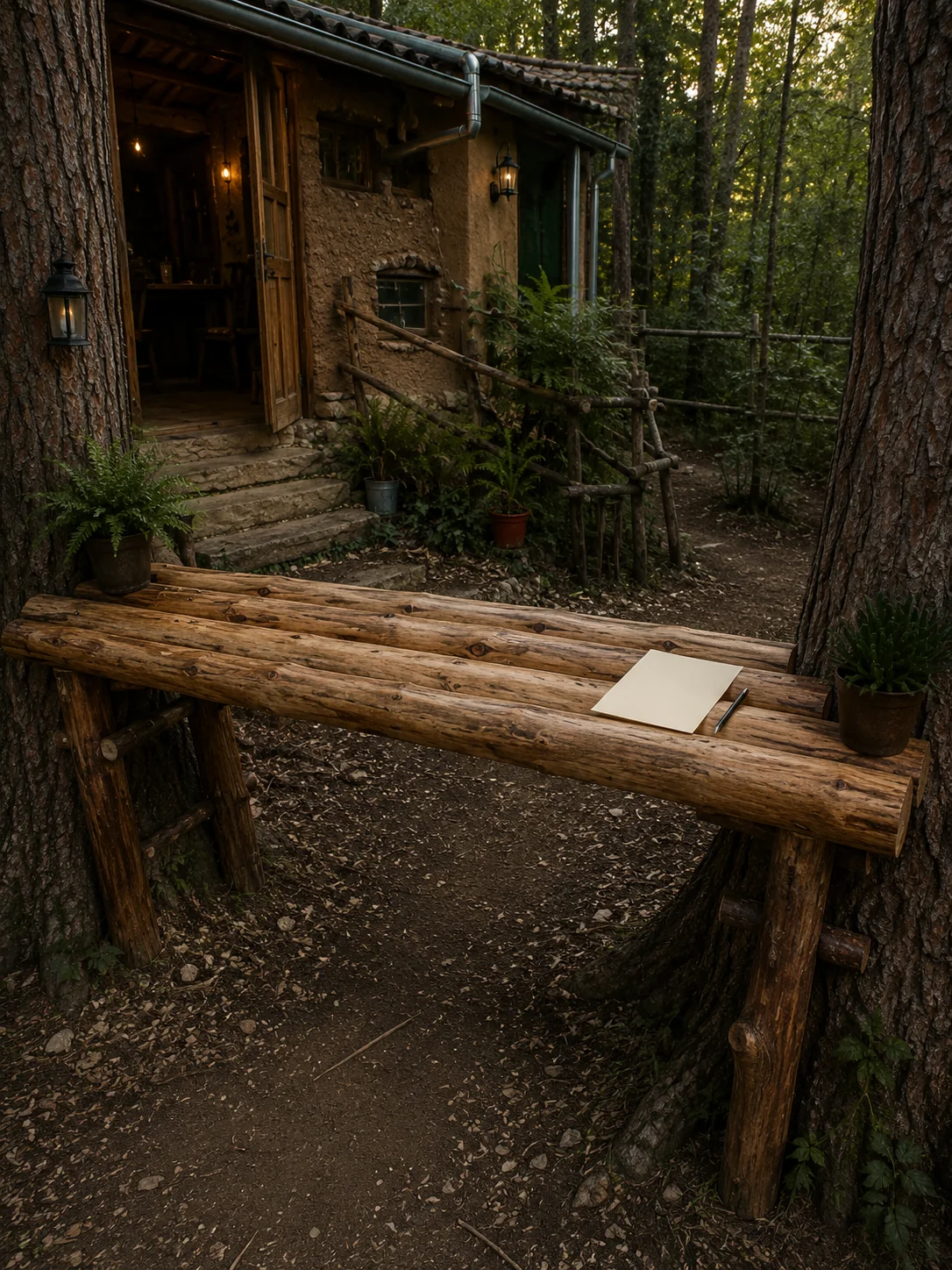 Una mesa de madera en el Bosque con una libreta esperando